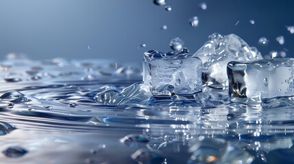 Poster - Melting ice cubes with water drops and splashes on blue background, macro photography showing crystal clear liquid dynamics and frozen motion effect.