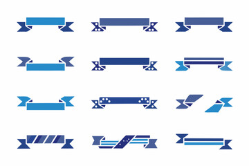 Poster - Collection of twelve blue banners and ribbons with various designs on a white background setting here now