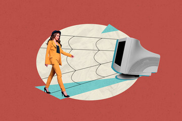 Aufkleber - Banner trend collage of person walk in web net from old fashioned computer on pastel background