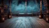 High-quality photo of high-quality photo of empty pirate ship deck background for theater stage scene.