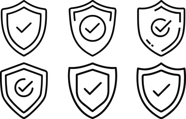 Poster - Set of shield icons with check marks representing security and validation in black and white