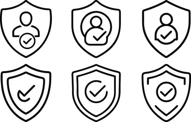 Poster - Protection and verification icon set featuring shield and checkmark symbols in black outline style