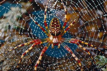 Colorful orb weaver spider on dewy web against dark background, macro photography shows intricate details of arachnid body and legs with morning dew droplets creating bokeh effect.