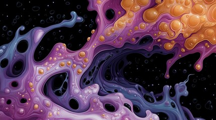 Poster - Cosmic abstract fluid art in purple, orange and blue colors with organic bubble shapes on black background creates mesmerizing galaxy-like pattern.