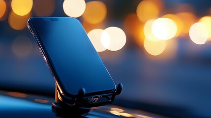Poster - modern smartphone on car dashboard mount against blurred city lights background creating atmospheric