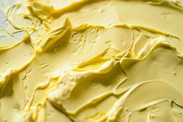 Poster - Creamy yellow butter texture with smooth swirls and waves, macro close up view showing rich dairy product surface detail for food and culinary backgrounds.