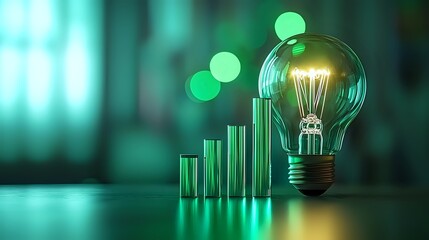 Poster - Glowing light bulb with rising bar graph charts in green background showing business growth concept and innovative solution visualization.