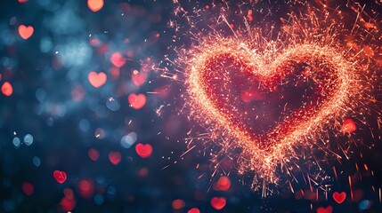 Poster - Glowing heart shape created with sparkling light trails and bokeh effects against dark blue background, romantic festive atmosphere with red heart bokeh lights.