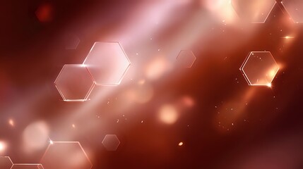 Poster - Glowing hexagonal shapes floating on dark red background with bokeh light effects and soft focus creating futuristic abstract technological pattern.