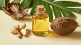 Baobab oil beside baobab fruit and tropical leaves on a beige background .