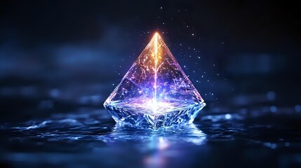 Poster - Glowing crystal pyramid with magical energy beam emerging from apex, floating on reflective surface amid dark atmosphere with ethereal blue light and sparkles.