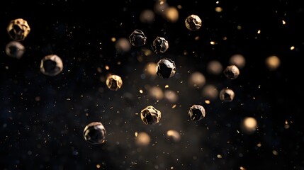 Poster - Glowing golden spheres with intricate metallic patterns floating in dark space against starry background, creating magical atmospheric composition.