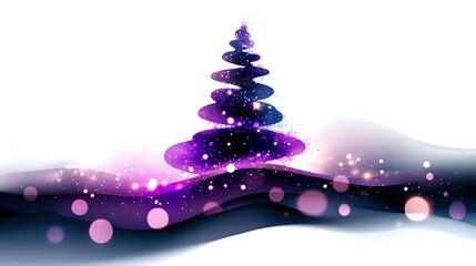 Poster - Magical glowing Christmas tree silhouette in purple and blue colors with sparkling lights and bokeh effects on dark background, creating festive holiday atmosphere.