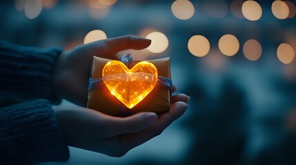 Poster - Glowing orange heart-shaped light held in hands against blurred bokeh background, creating magical romantic atmosphere for Valentine's day and love concepts.