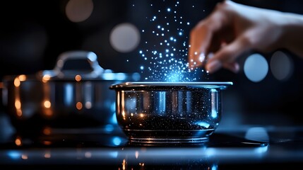 Poster - Magical cooking moment with sparkles and blue light effects over metal pot on dark background, dramatic kitchen photography with bokeh lights.