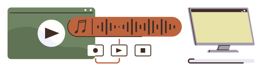Poster - Computer screen with video player, audio waveform, and playback controls including play, pause, and stop. Ideal for media editing, content creation, video playback, sound management online