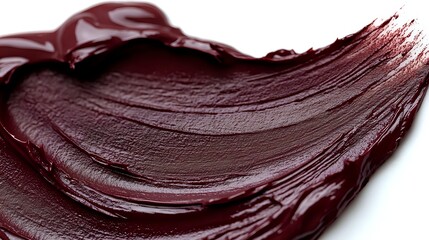 Poster - Smooth dark chocolate smear with glossy texture and curved swirl pattern on white background, isolated cosmetic or food product sample for packaging design.