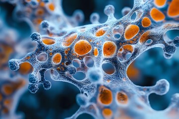Poster - Microscopic view of cellular structure with orange spherical organelles embedded in translucent blue network, showing intricate biological patterns and connections.