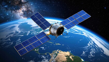 Wall Mural - Astronautical satellite orbiting the earth in a dark starry night sky