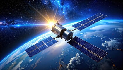 Wall Mural - Astronautical satellite orbiting the earth in a dark starry night sky
