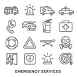 © MykolaIhor - Emergency services icon collection. simple linear emergency icons: ambulance, fire truck, police car, helicopter, first aid vector icons.