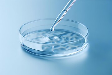 Poster - Laboratory glass petri dish with clear liquid and pipette dropping solution creating ripple effect on blue medical background for scientific research.