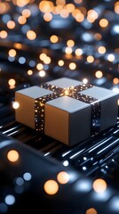 Poster - Elegant white gift box with sparkling black ribbon on reflective surface surrounded by magical golden bokeh lights creating festive holiday atmosphere.