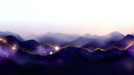 Poster - Mystical mountain landscape at twilight with glowing golden light trail weaving through purple peaks, creating magical atmosphere for fantasy backgrounds.