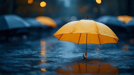Poster - Orange umbrella standing in rain with blurred bokeh lights and water reflections creating atmospheric moody scene for weather and protection concepts.
