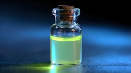 Poster - Glowing yellow-green luminescent liquid in glass bottle with cork stopper against dark blue background, creating mysterious scientific atmosphere.