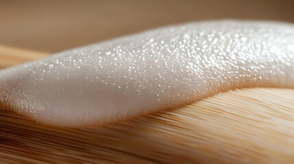 Poster - Macro shot of white foam or soap suds texture on wooden surface with soft focus and bokeh effect, creating abstract minimalist composition for spa and wellness designs.