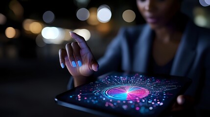 Poster - African American businesswoman interacting with glowing circular holographic interface on digital tablet in dark office with bokeh lights in background.