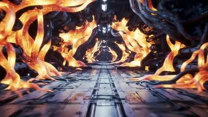 Poster - Exploring a Sci-Fi Interior Spacecraft, Lava Veins illuminating a futuristic corridor