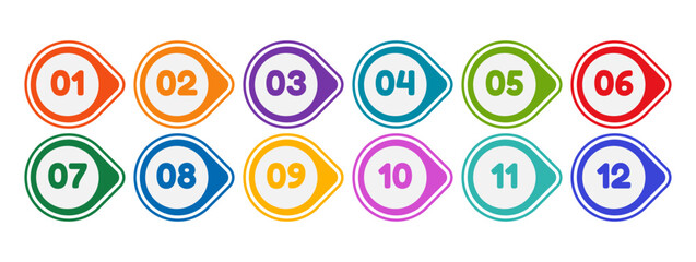 Fototapete - Icon template multicolored bullet point markers with numbers from one to twelve. Brightly colored flag markers.Vector flat illustration , isolated on white background