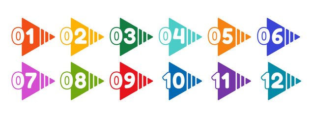 Fototapete - Vector illustration with triangle markers from 1 to 12 isolated on white background. Multicolored web icon template with numbers. Abstract graphic concept element.