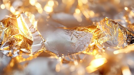 Poster - Crumpled gold foil with bright bokeh lights creating luxurious festive background. Shiny metallic texture with warm glowing highlights and reflective surface.