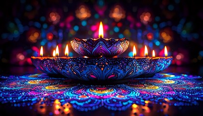 Poster - Glowing oil lamps on ornate metal holder against dark background with colorful bokeh lights creating magical festive atmosphere for Diwali celebration.
