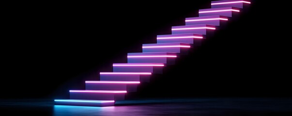 Poster - Glowing neon stairs ascending into darkness with vibrant pink and blue lighting effects creating futuristic atmosphere, modern minimalist architectural element on black background.