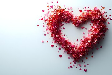 Poster - Red heart shape formed by small scattered heart confetti on light background, creating romantic valentine day composition with negative space.