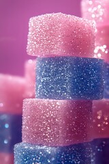 Poster - Stacked pink and blue glittery sugar cubes or decorative blocks creating magical contrast against blurred bokeh background, suitable for festive or celebration designs.
