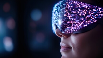 Poster - Futuristic concept showing woman wearing digital augmented reality glasses with glowing purple particles and light effects streaming from lens display.