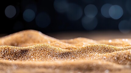 Poster - Golden glittering sand dunes with soft bokeh background in macro photography, creating abstract landscape with shimmering particles and dreamy atmosphere.