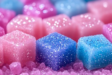 Poster - Pink and blue sugar cubes with glitter sparkle effect in macro photography, sweet crystallized decoration on pink sugar background.