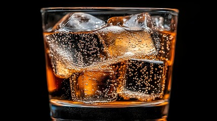 Poster - Cold refreshing carbonated drink with ice cubes in glass against dark background, bubbles rising through amber liquid creating dynamic texture and sparkle.