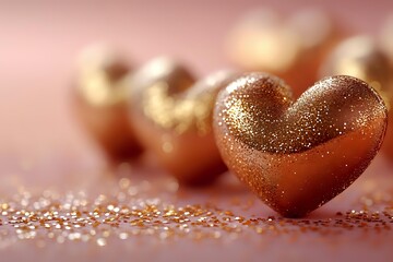 Poster - Romantic golden heart shapes with glitter sparkles on pink background, soft focus macro photography creates dreamy Valentine's Day atmosphere.