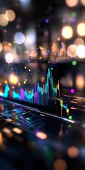Poster - Financial data visualization with colorful stock market charts and graphs on dark background with bokeh light effects and glowing elements.