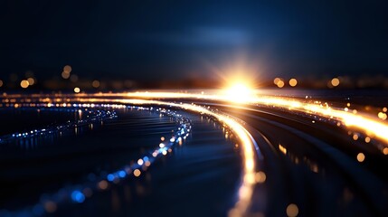 Aufkleber - Glowing light trails curve along dark background with blue and orange bokeh effects creating dynamic motion path at night, abstract technological concept.