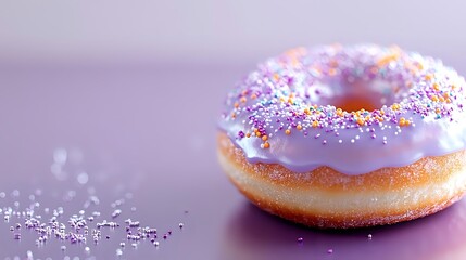 Poster - Glazed donut with colorful rainbow sprinkles on purple background with bokeh effect. Sweet pastry macro photography with selective focus and soft lighting.