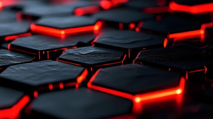 Poster - Dark hexagonal tiles with glowing red light between them create dramatic technological pattern, suitable for gaming or cyberpunk themed backgrounds.