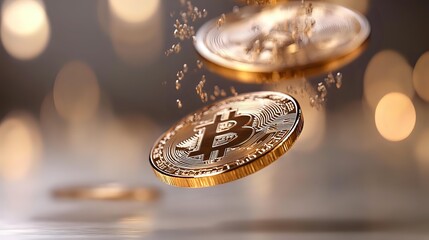 Poster - Golden cryptocurrency coins floating with water drops and bokeh lights in background, dramatic lighting creates luxurious atmosphere for financial concept.